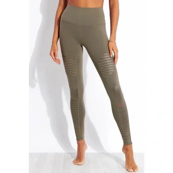 Alo Yoga High-waist Airlift Moto Legging Mesh details In Olive Branch Size S - Picture 13 of 14